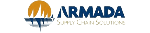 armada Logo of armada supply chain solutions featuring stylized text and an abstract design of a sun over water with vertical blue lines.