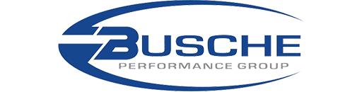 busche Logo of busche performance group featuring stylized text within an oval frame, accented by horizontal stripes and a directional arrow.