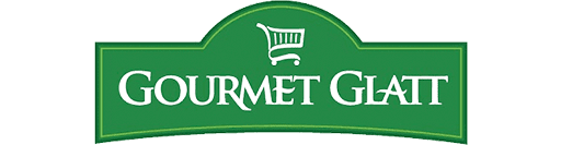 gourmet-glatt Logo of gourmet glatt featuring stylized text and a shopping cart icon, all in green and set against a light green background with a decorative border.