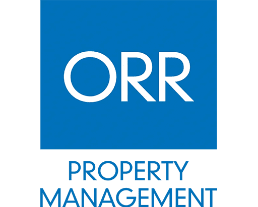 orr Logo of orr featuring white letters on a blue background, with a subtle outline of buildings at the bottom.